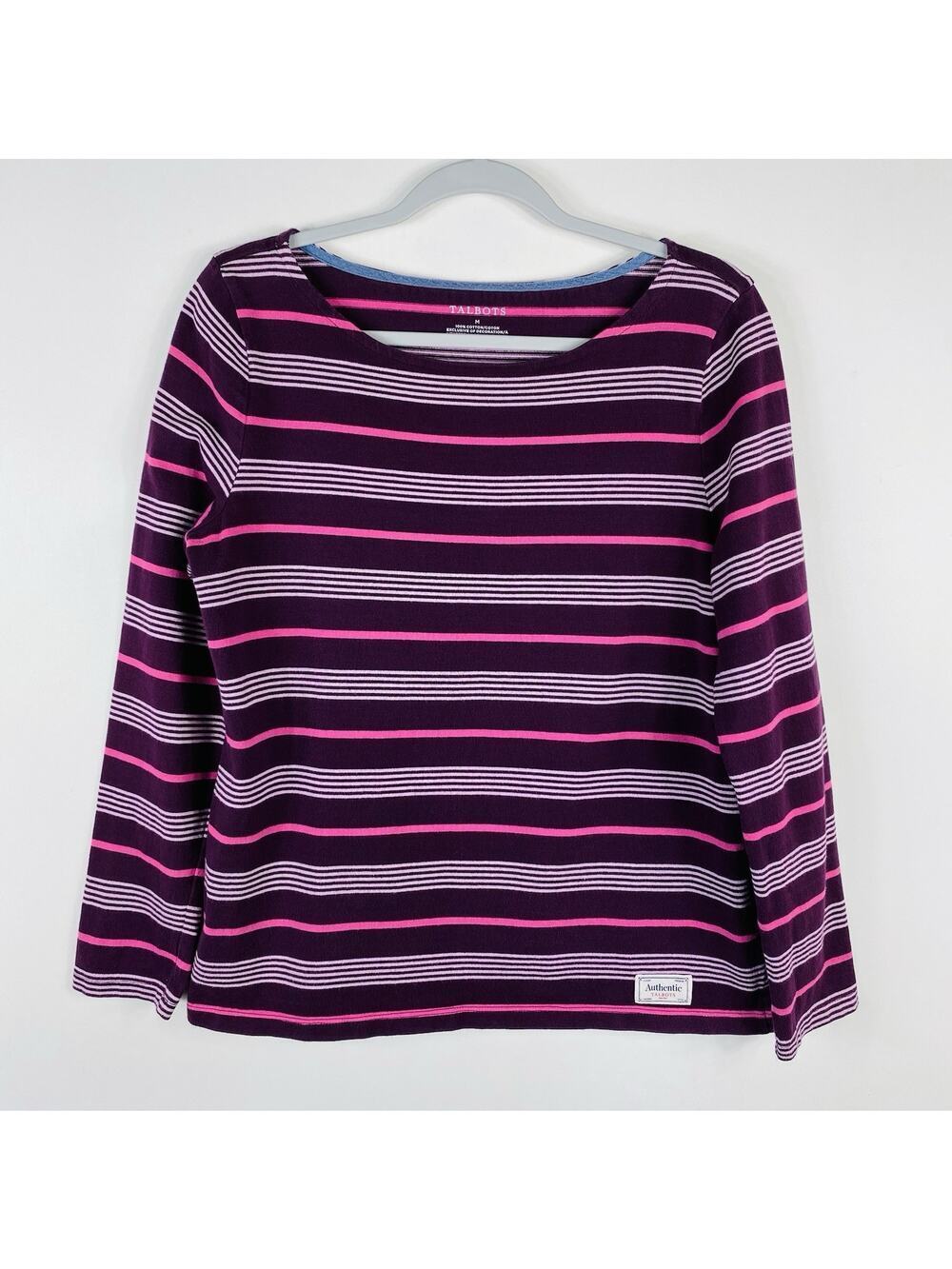 Talbots Top Medium Purple Striped Long Sleeve 100% Cotton Casual